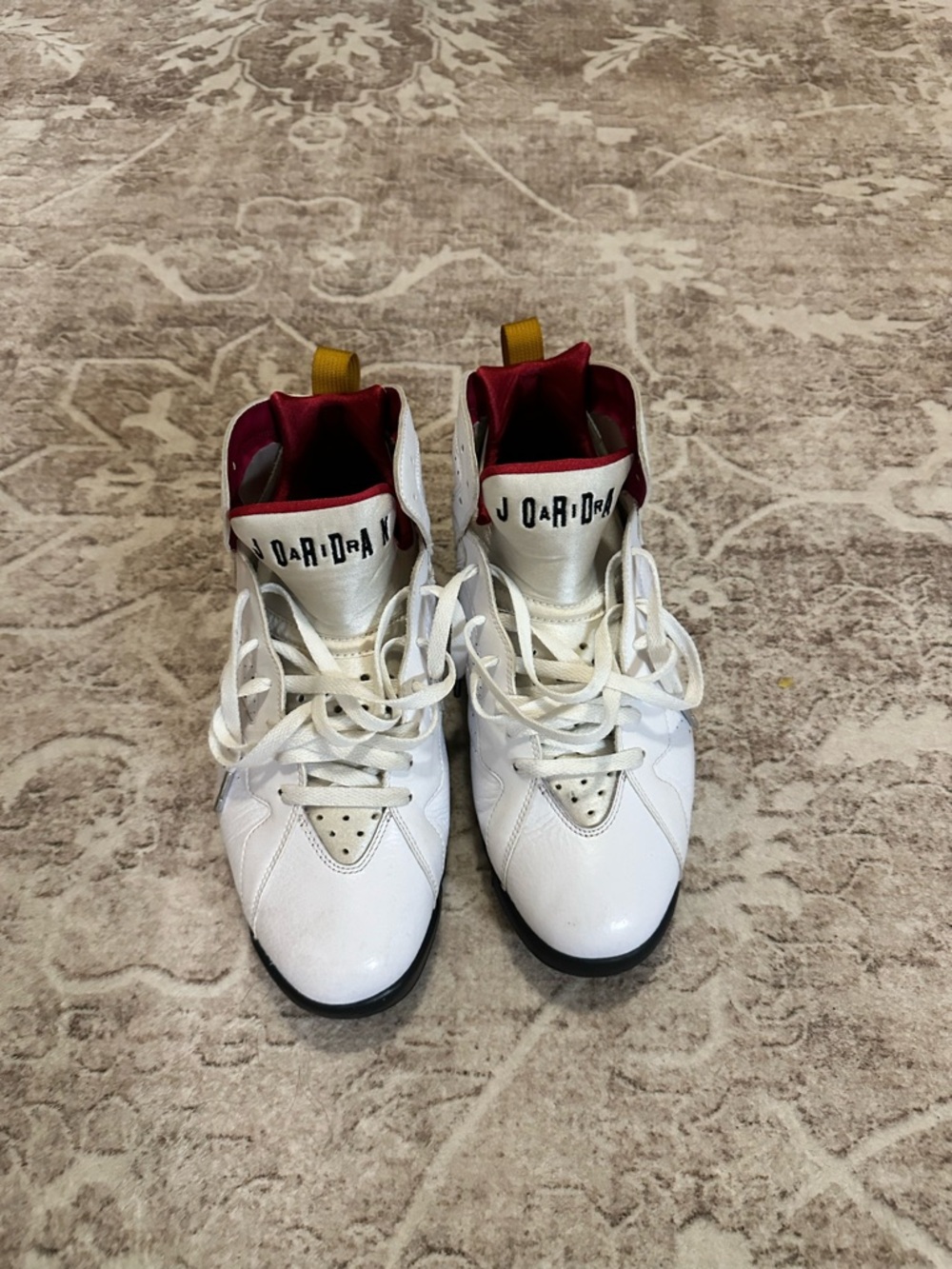 Retro Jordan White and Red High-Top Sneakers with Gold Pull Tabs